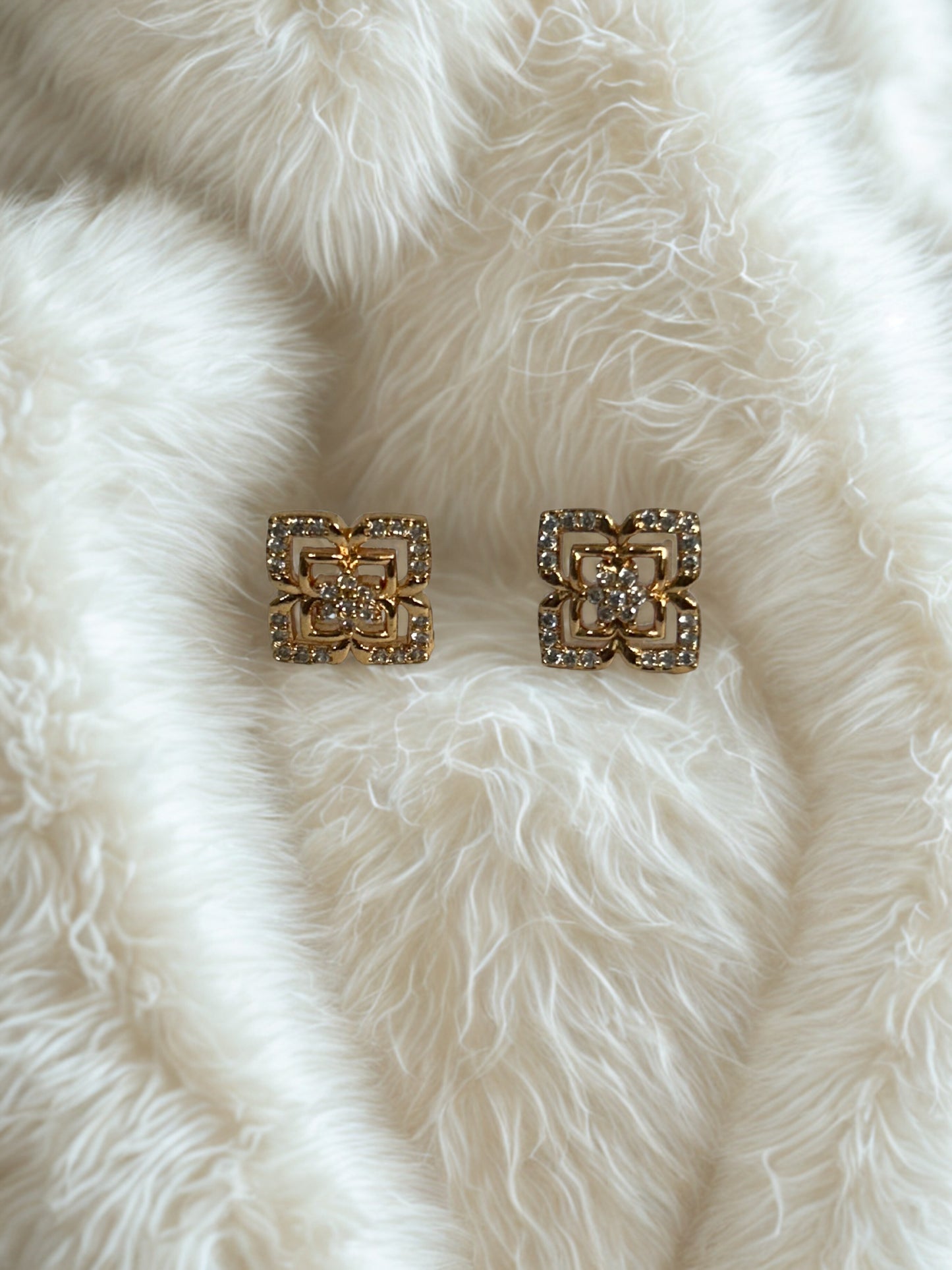Gold-Plated Floral Diamond Stud Earrings